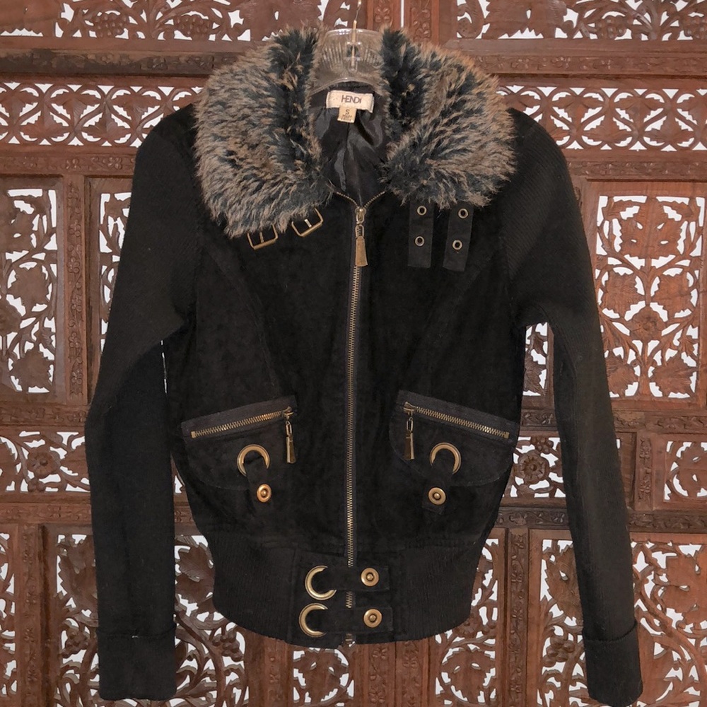 Hendi Black Faux Fur Collar Suede Ribbed Sleeves Zipper Closure Jacket Sweater